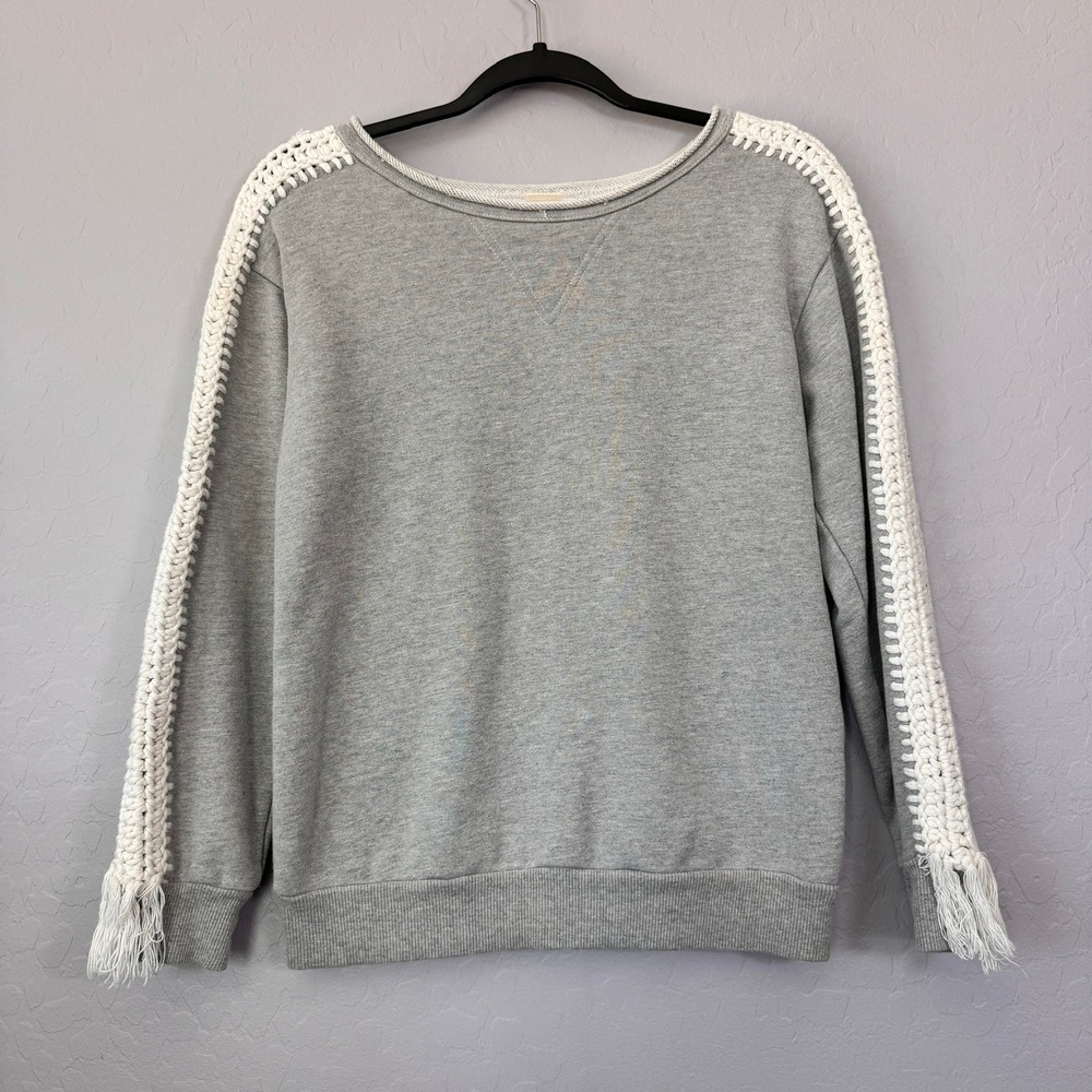 Pepin Small Sweatshirt Gray Long Sleeve Crochet Fringe Trim Cotton Pullover